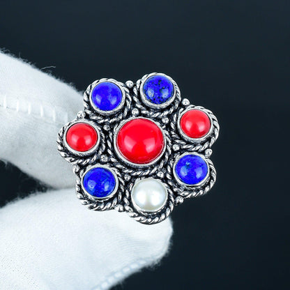 Red Coral Lapis Lazuli & Pearl Gemstone Ring