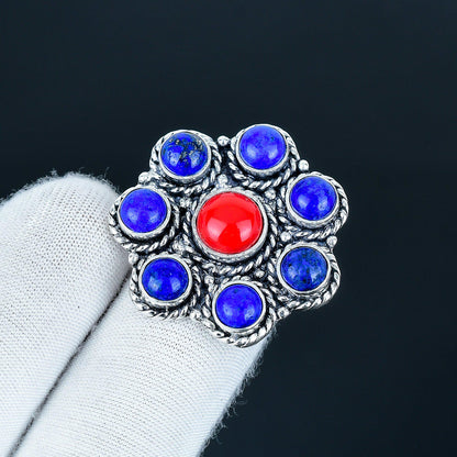 Red Coral & Lapis Lazuli Sterling Silver Ring