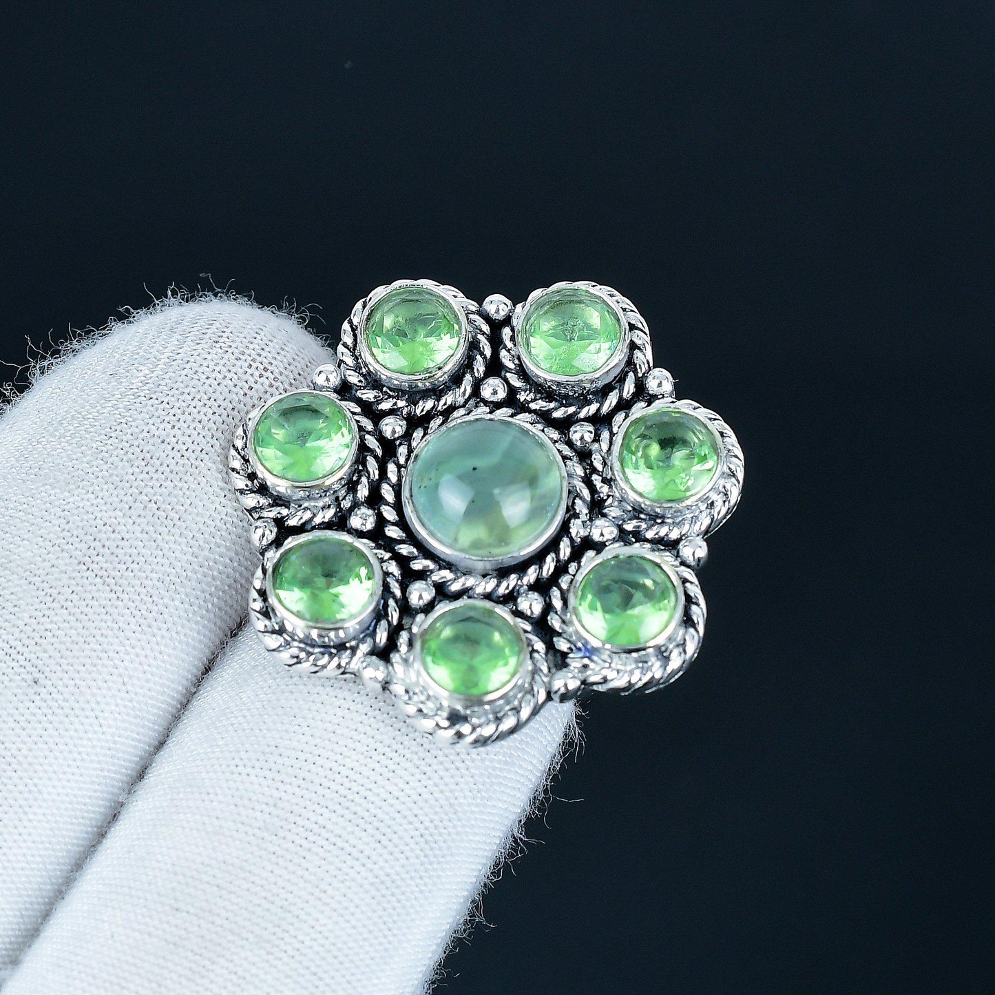 Green Prehnite & Peridot Silver Birthstone Ring