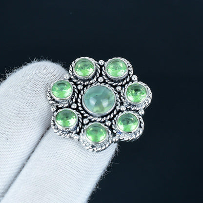 Green Prehnite & Peridot Silver Birthstone Ring