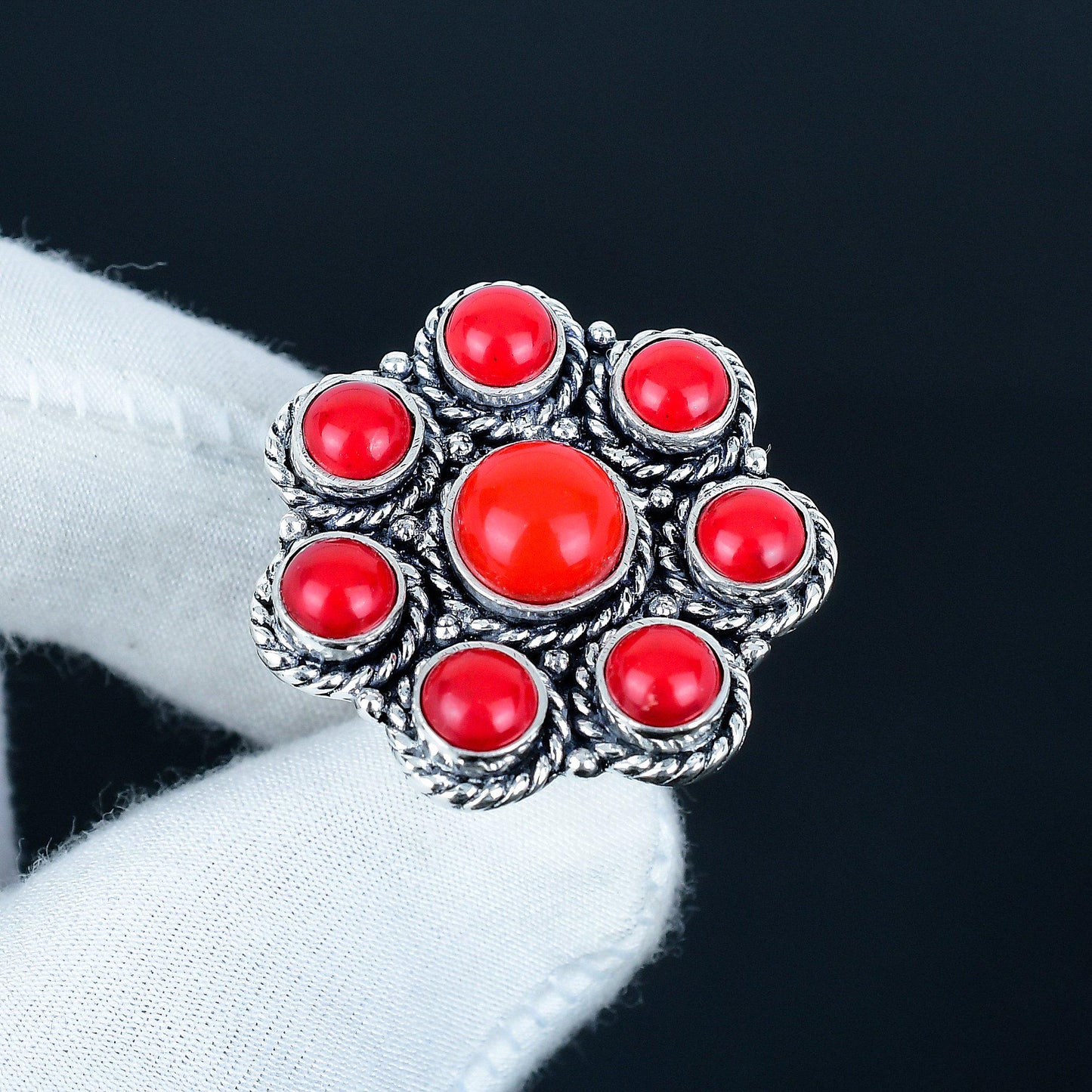 Red Coral Sterling Silver Ring