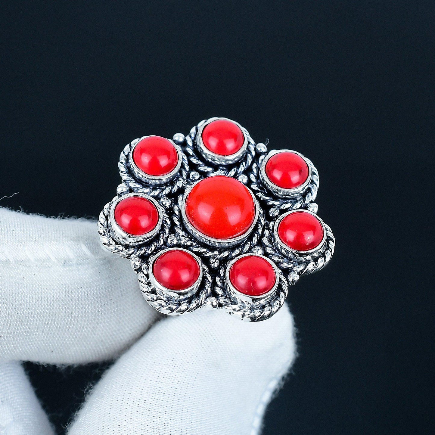 Red Coral Sterling Silver Ring