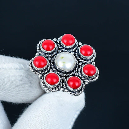 Red Coral & Pearl Sterling Silver Ring