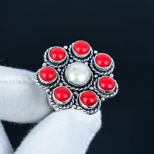 Red Coral & Pearl Sterling Silver Ring