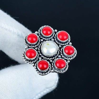 Red Coral & Pearl Sterling Silver Ring