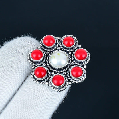 Red Coral & Pearl Sterling Silver Ring