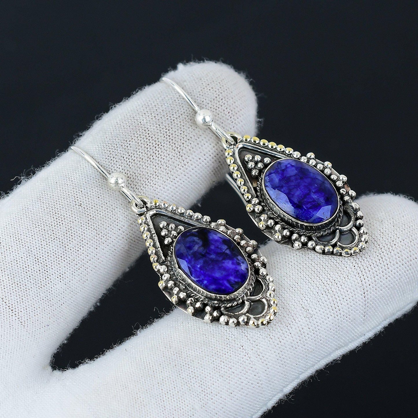 Blue Sapphire Gemstone Sterling Silver Earrings