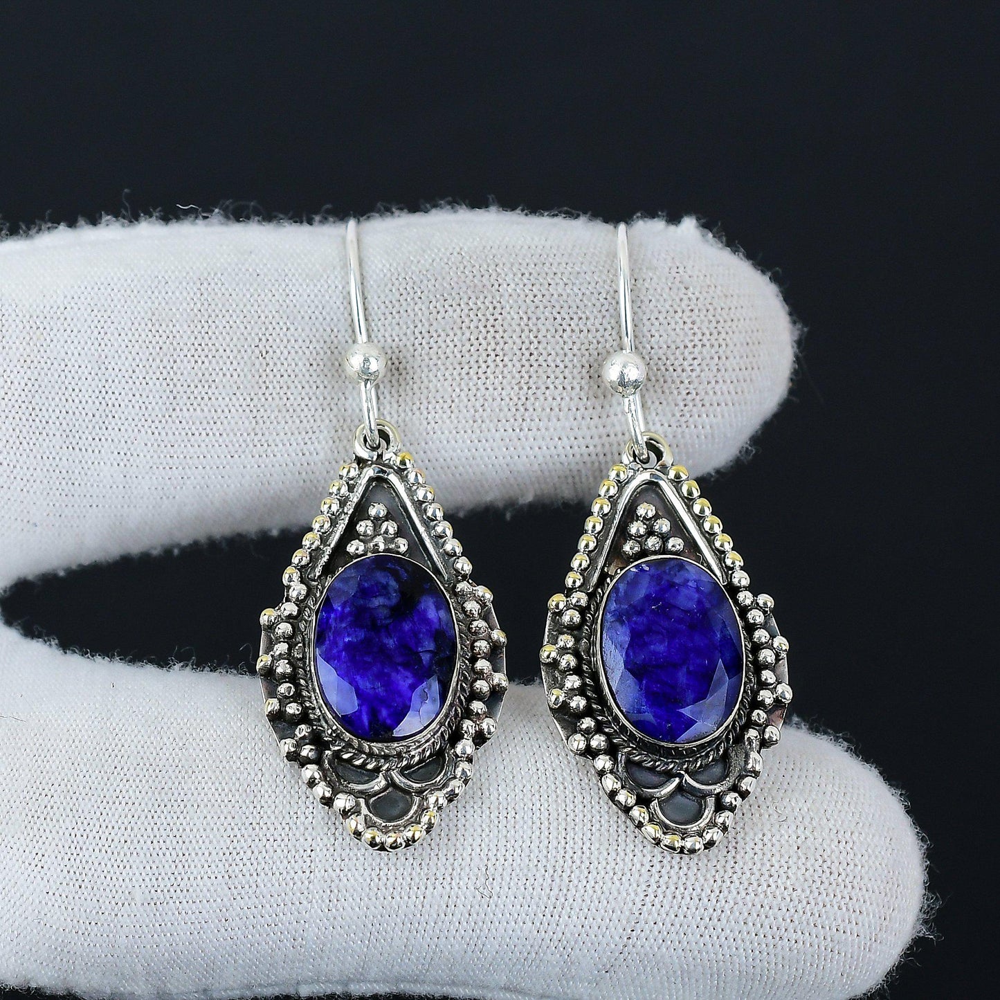 Blue Sapphire Gemstone Sterling Silver Earrings
