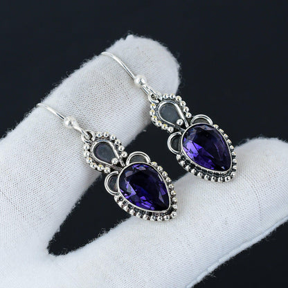 Purple Amethyst Gemstone Silver Earrings