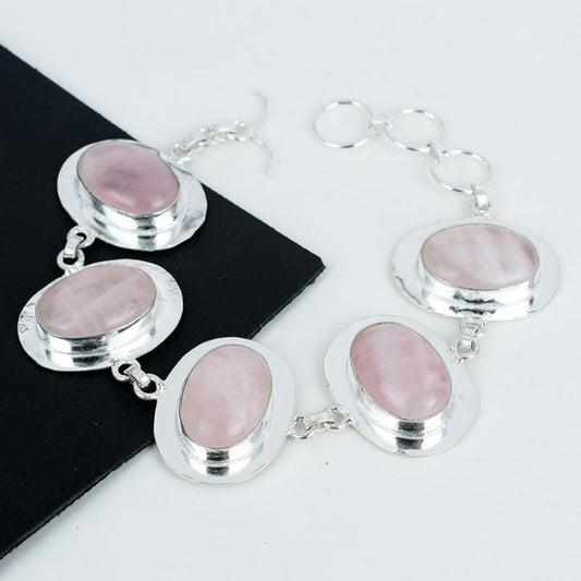 Pink Rose Quartz Sterling Silver Bracelet