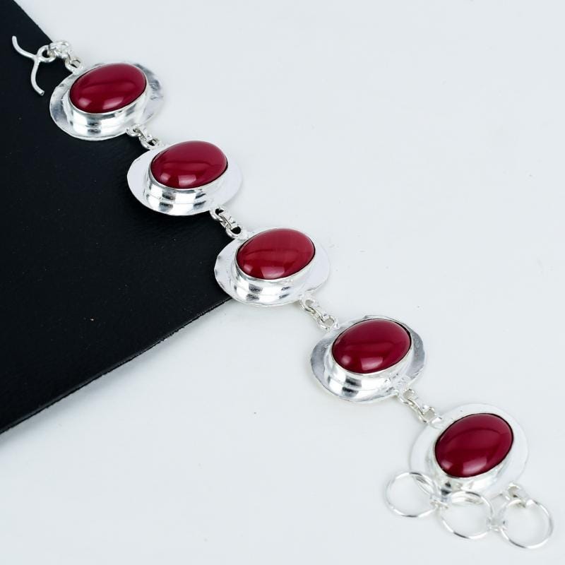 Red Coral Gemstone Silver Adjustable Bracelet