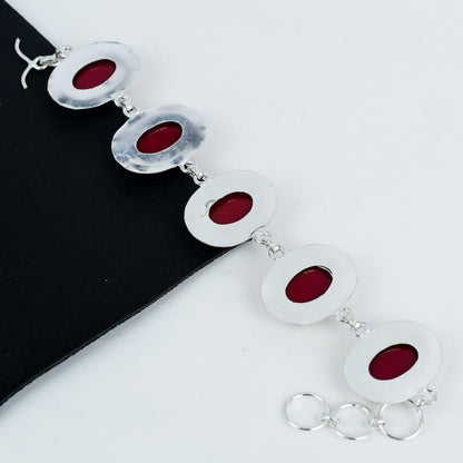 Red Coral Gemstone Silver Adjustable Bracelet