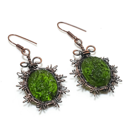 Green Moldavite Gemstone Copper Drop Earrings