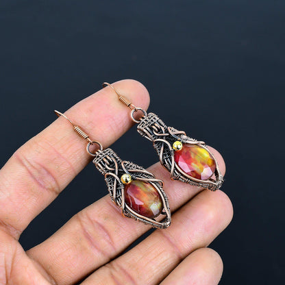 Multicolor Ammolite Gemstone Copper Wire Wrapped Dangle Earrings