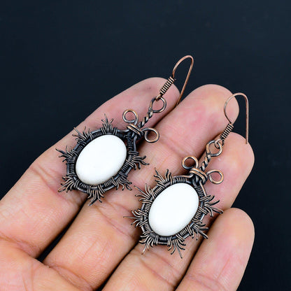 White Coral Gemstone Copper Dangle Earrings