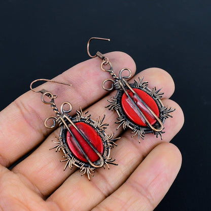 Red Coral Gemstone Copper Earrings
