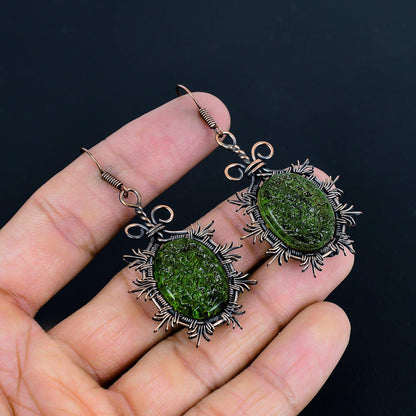 Green Moldavite Gemstone Copper Wire-Wrapped Earrings