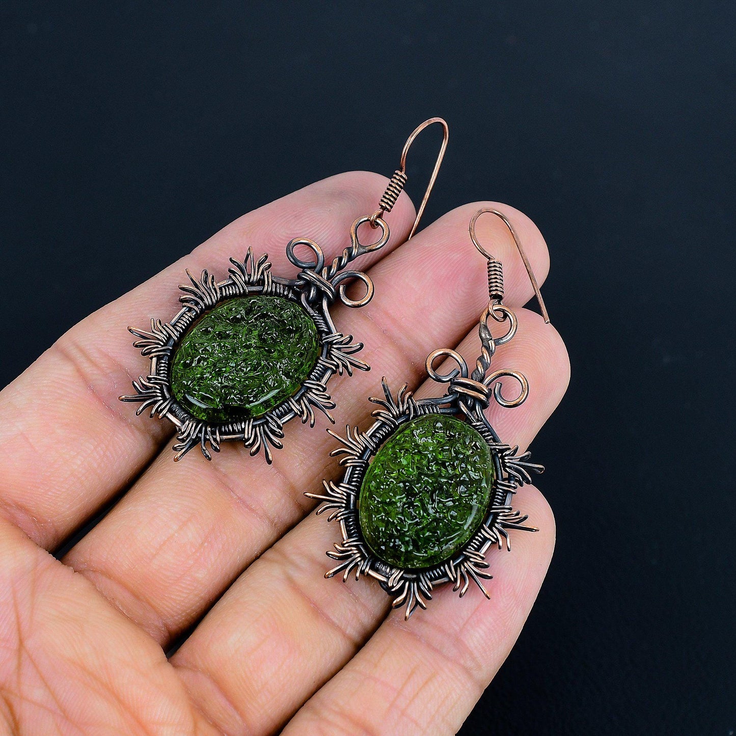 Green Moldavite Gemstone Copper Wire-Wrapped Earrings