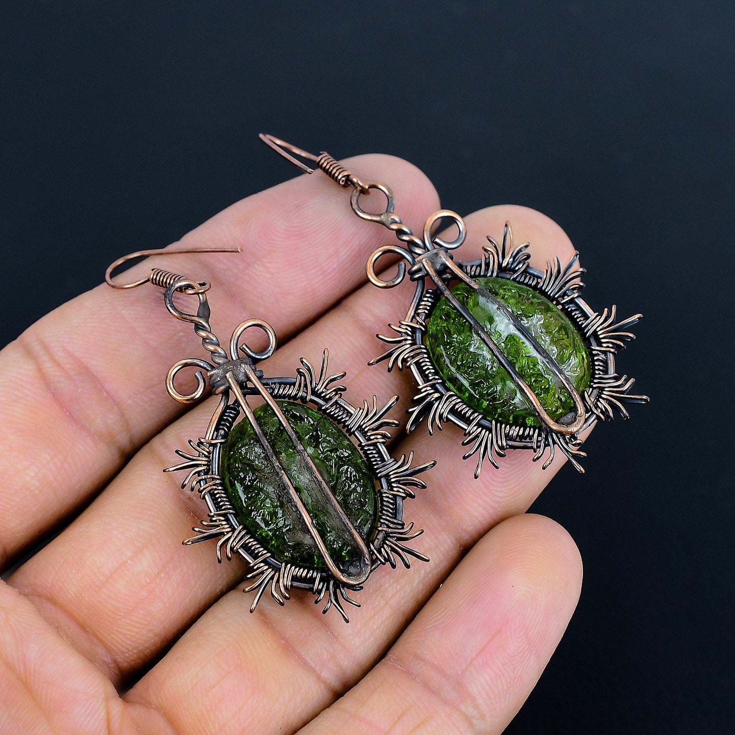 Green Moldavite Gemstone Copper Wire-Wrapped Earrings