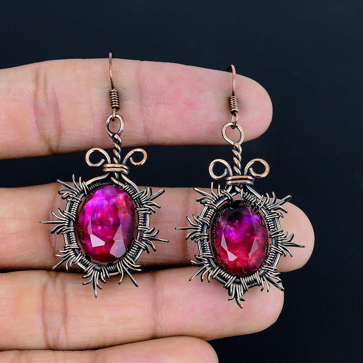 Rainbow Ammolite Gemstone Copper Dangle Earrings