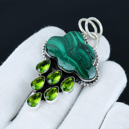 Green Malachite & Peridot Silver Pendant