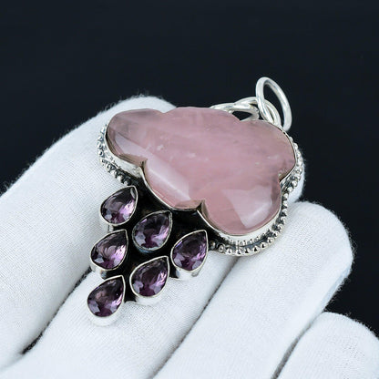 Pink Rose Quartz Amethyst Gemstone Pendant