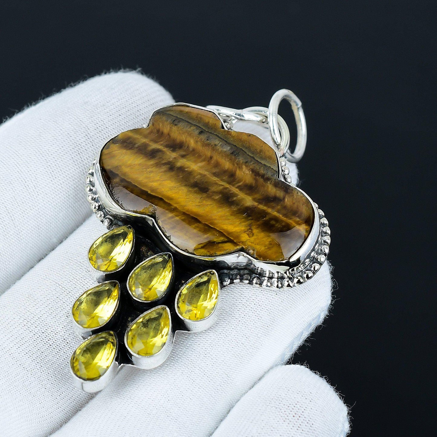 Brown Tiger’s Eye & Citrine Sterling Silver Pendant