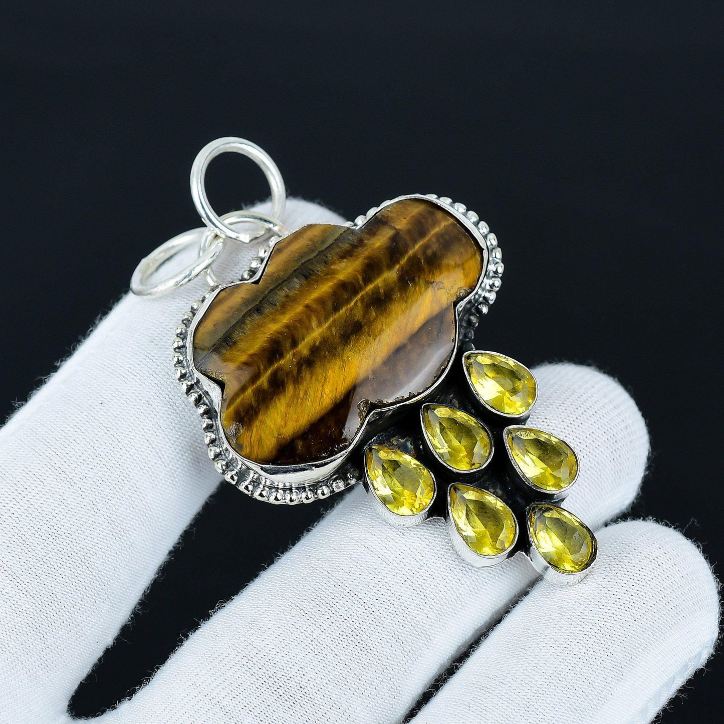 Brown Tiger’s Eye & Citrine Sterling Silver Pendant