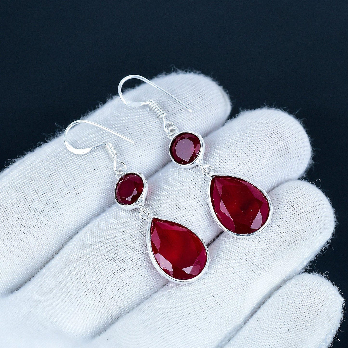 Red Ruby Cabochon Sterling Silver Earrings