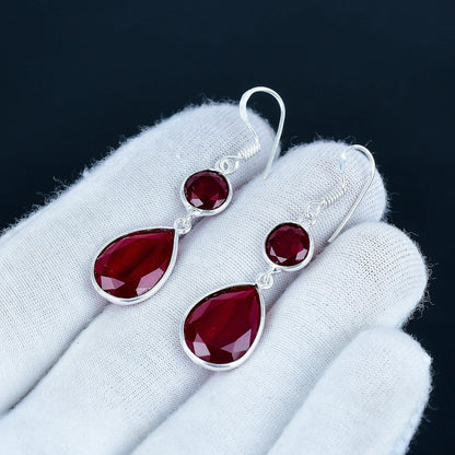Red Ruby Cabochon Sterling Silver Earrings