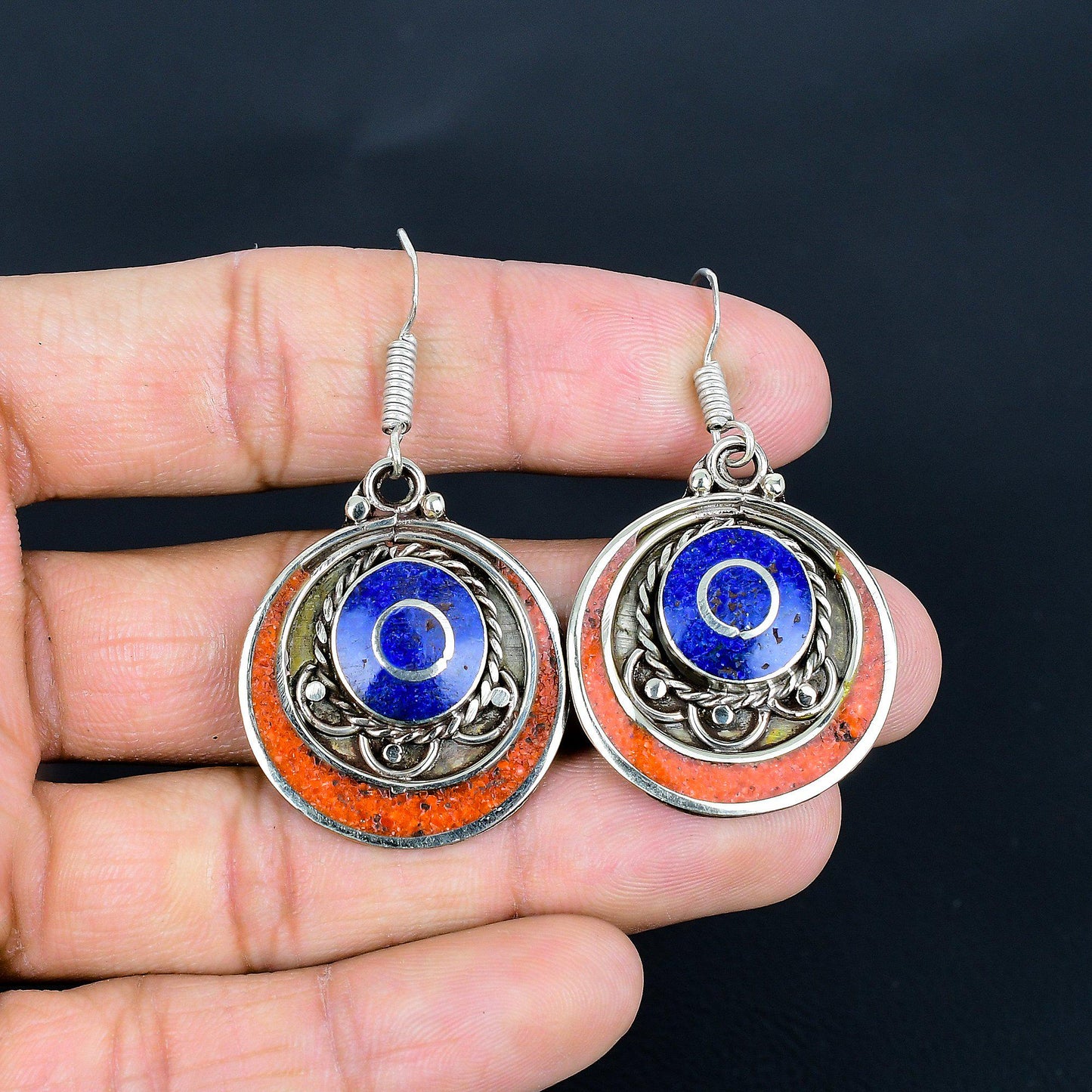Red Coral & Blue Lapis Gemstone Silver Earrings