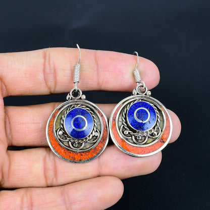 Red Coral & Blue Lapis Gemstone Silver Earrings