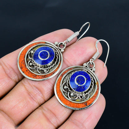 Red Coral & Blue Lapis Gemstone Silver Earrings