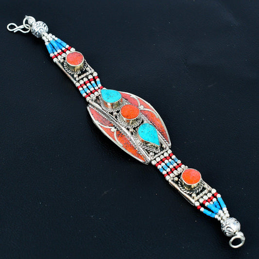 Red Coral & Turquoise Gemstone Sterling Silver Bracelet
