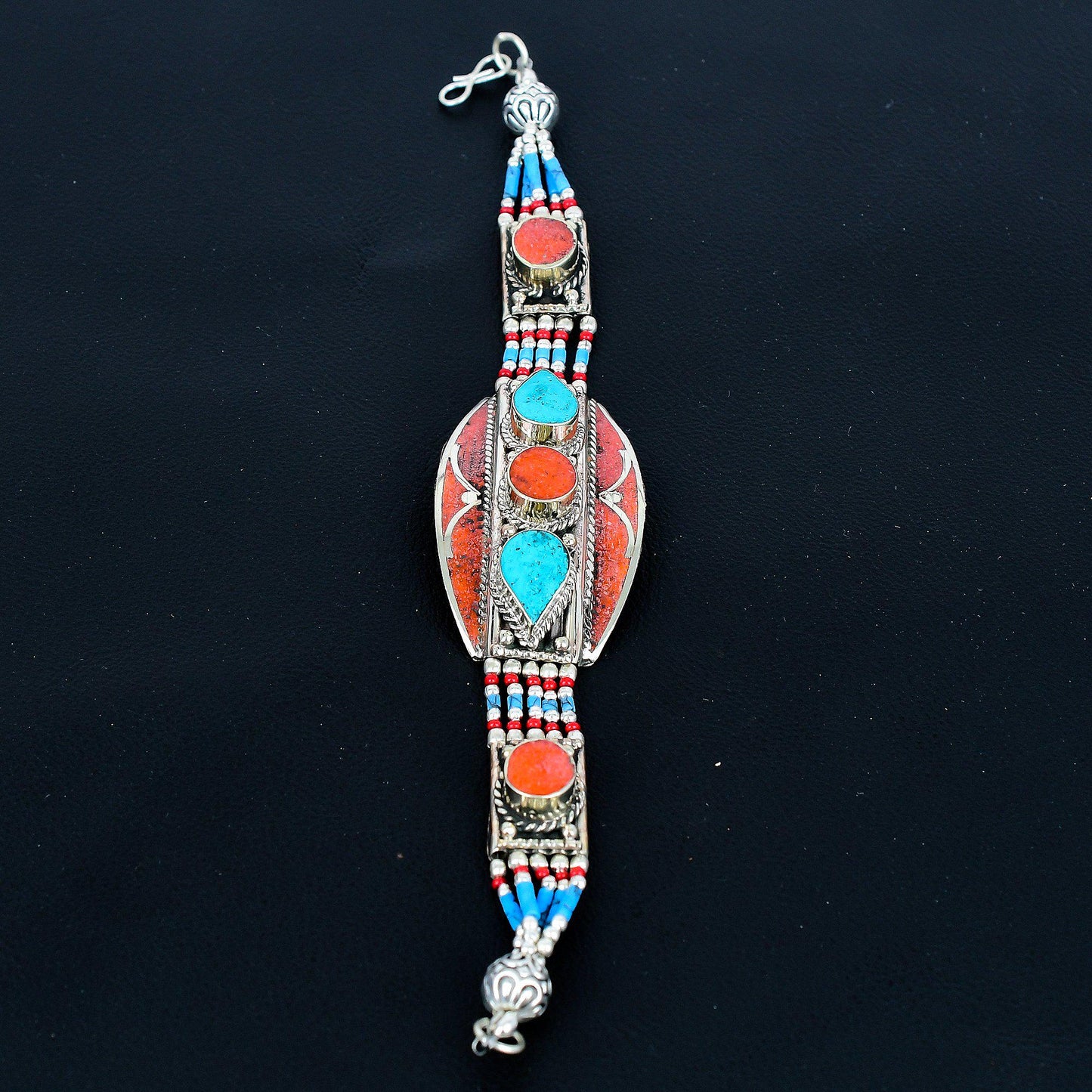 Red Coral & Turquoise Gemstone Sterling Silver Bracelet