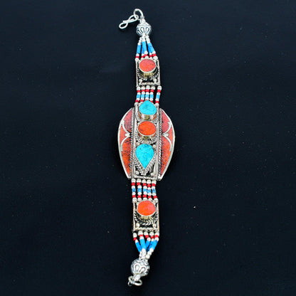 Red Coral & Turquoise Gemstone Sterling Silver Bracelet