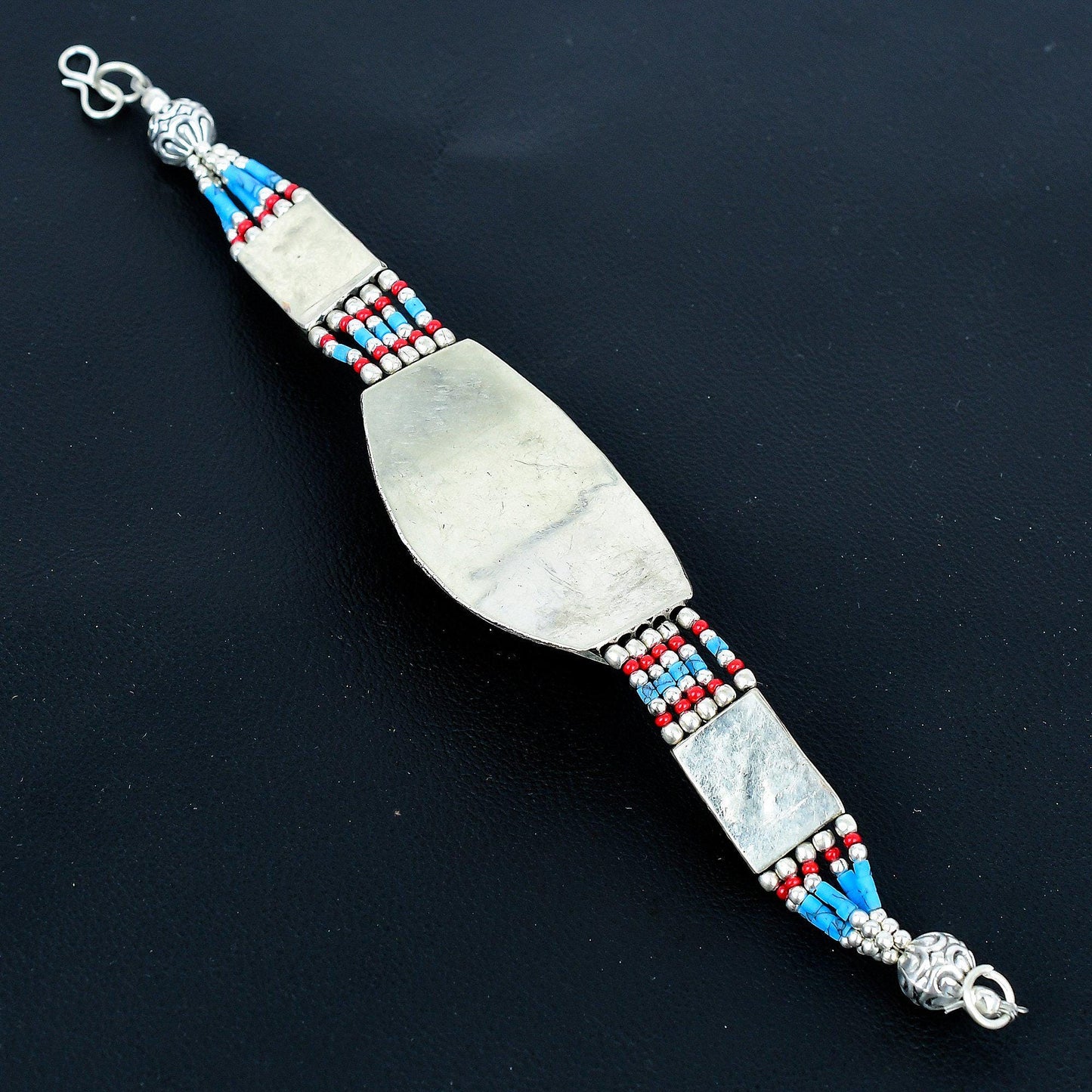 Red Coral & Turquoise Gemstone Sterling Silver Bracelet