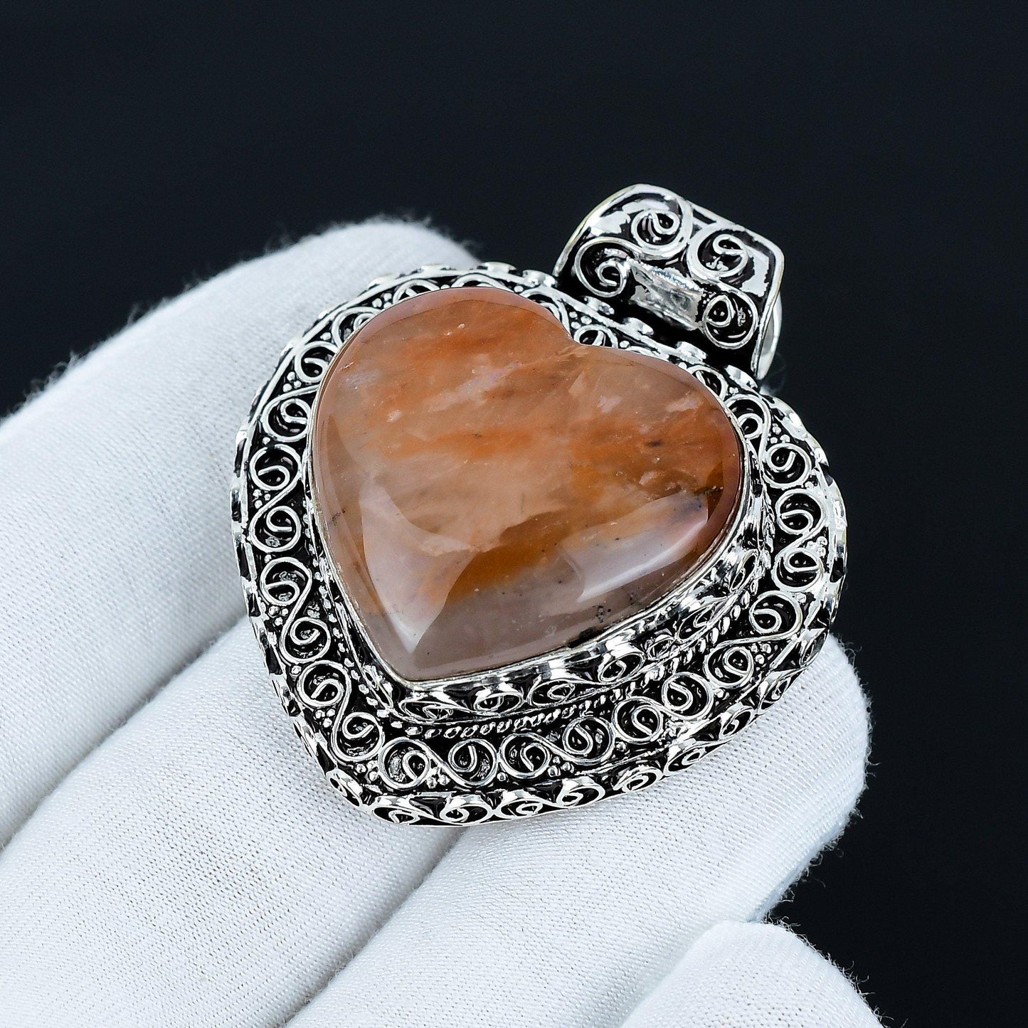 Orange Sunstone Heart Pendant in Vintage Sterling Silver Filigree