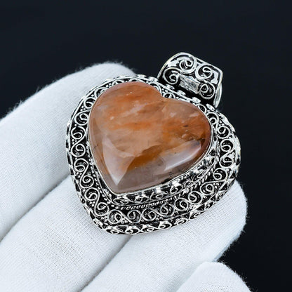 Orange Sunstone Heart Pendant in Vintage Sterling Silver Filigree