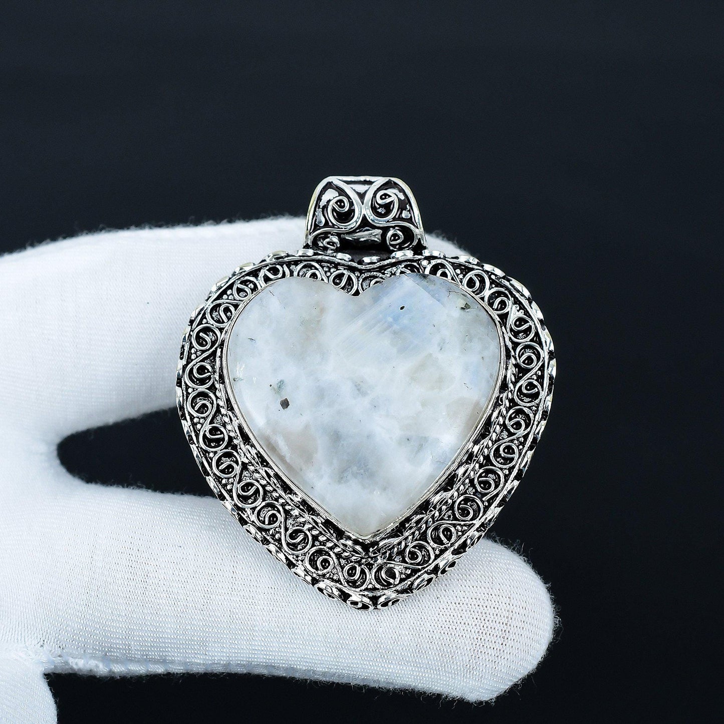 Sterling Silver Rainbow Moonstone Heart Pendant
