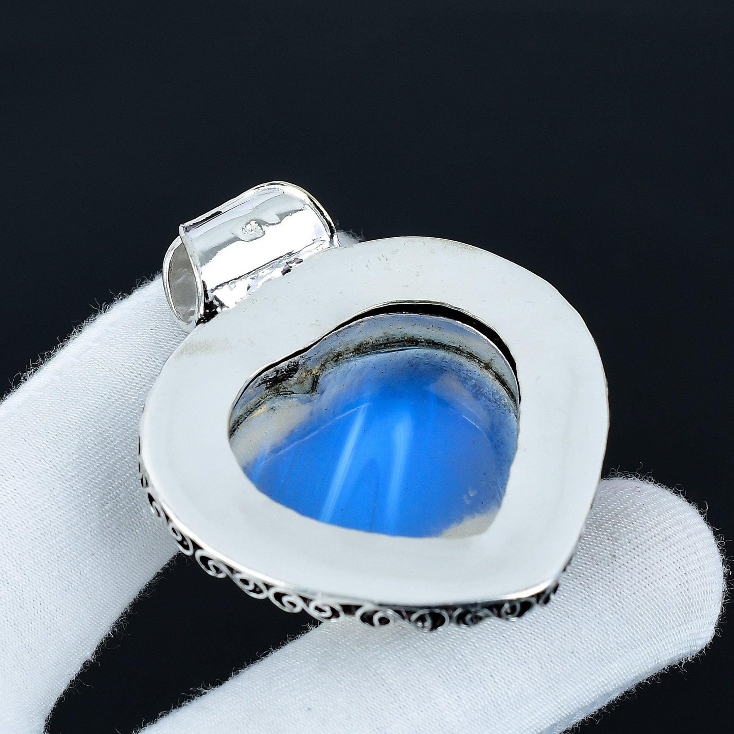 Milky White Opal Heart Pendant in Sterling Silver Filigree