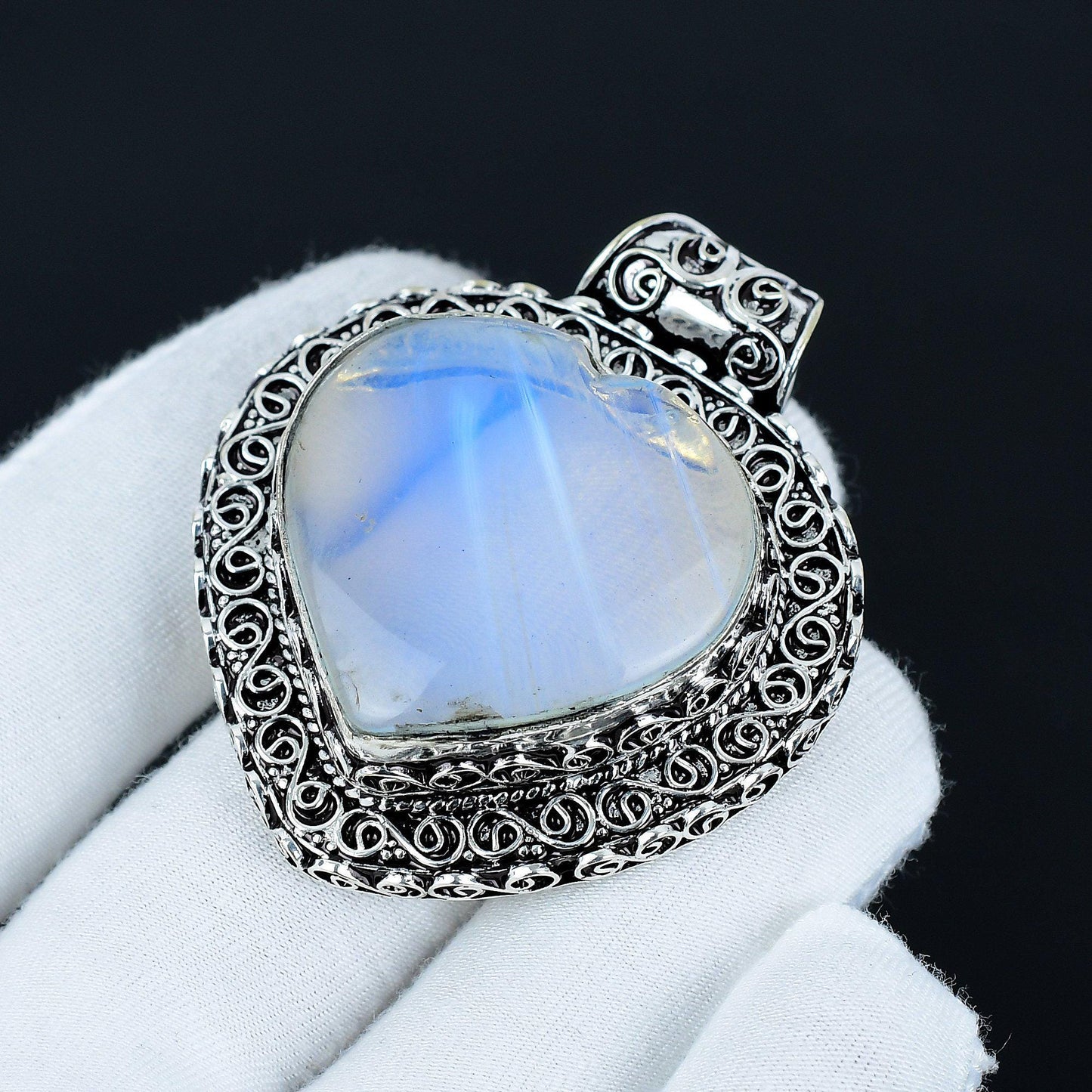 Milky White Opal Heart Pendant in Sterling Silver Filigree