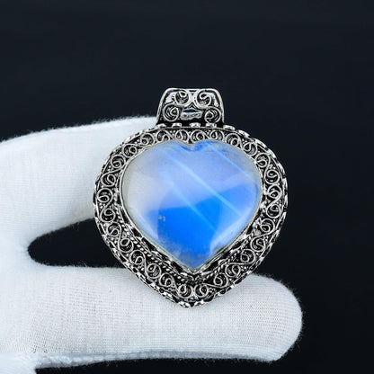 Milky White Opal Heart Pendant in Sterling Silver Filigree