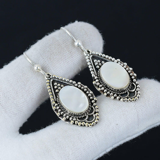 White Mother of Pearl Gemstone Drop Earrings