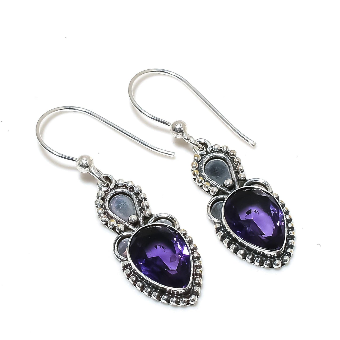 Purple Amethyst Gemstone Silver Earrings