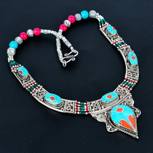 Turquoise and Coral Gemstone Necklace