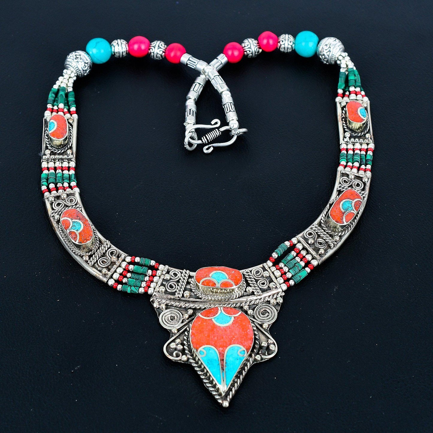 Turquoise and Red Coral Sterling Silver Necklace