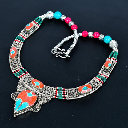 Turquoise and Red Coral Sterling Silver Necklace