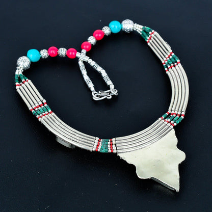 Turquoise and Red Coral Sterling Silver Necklace