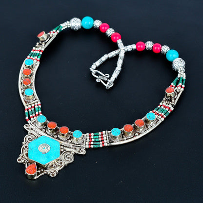 Turquoise & Red Coral Gemstone Necklace